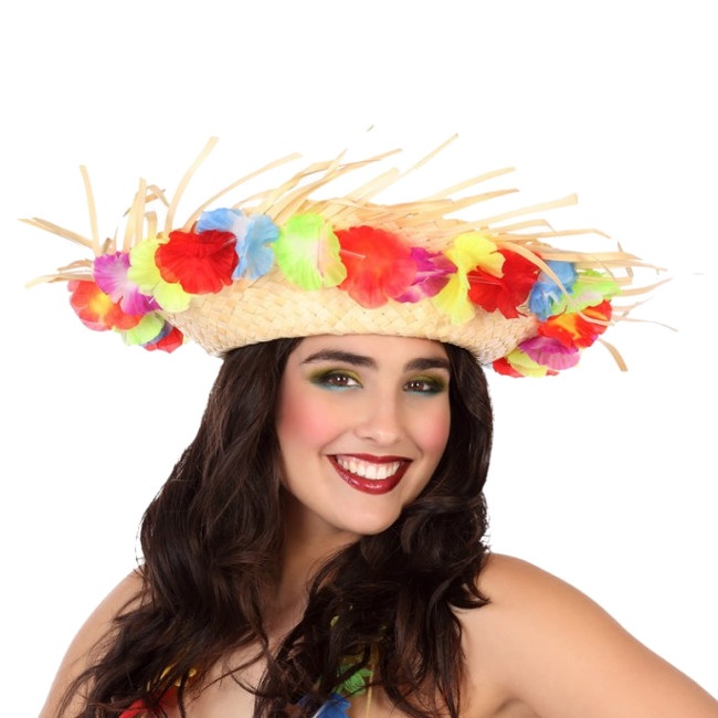 Sombrero de paja con flores hawaianas