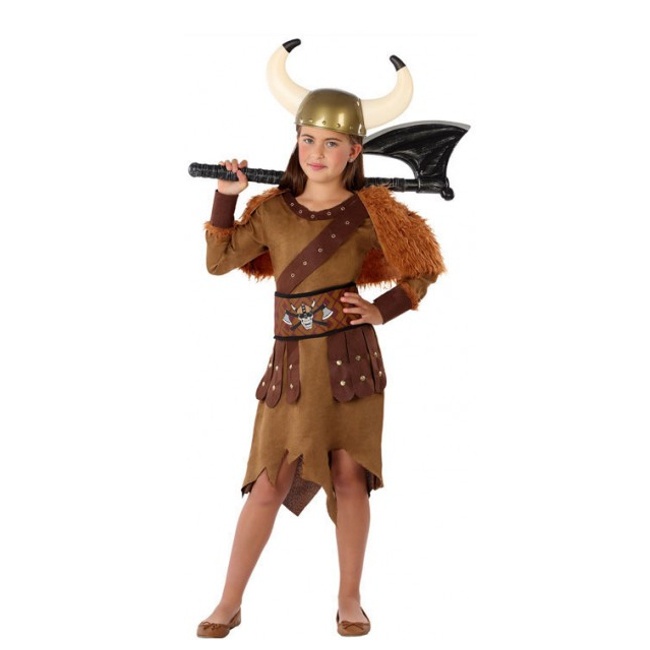 Disfraz de vikingo nórdico marrón para niña