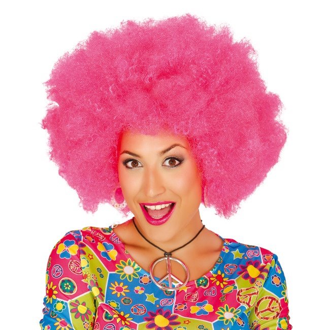 Peluca afro con tirabuzones rosa