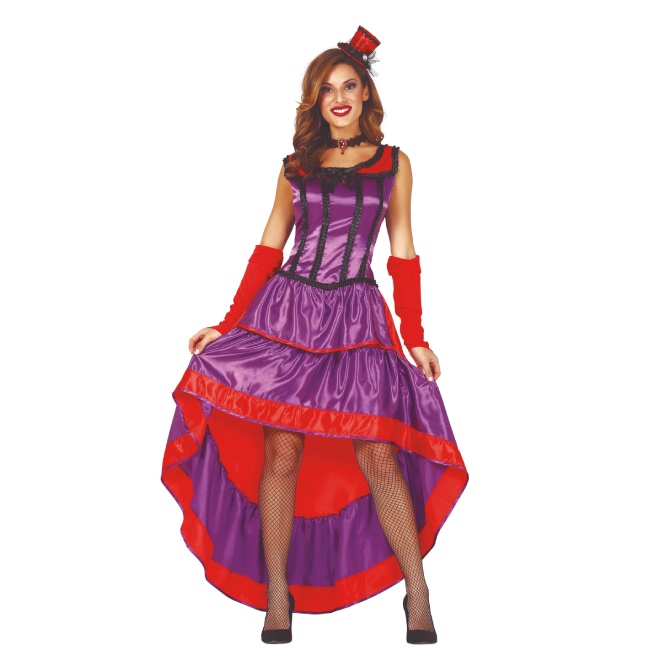 Disfraz de can can lila y rojo para mujer