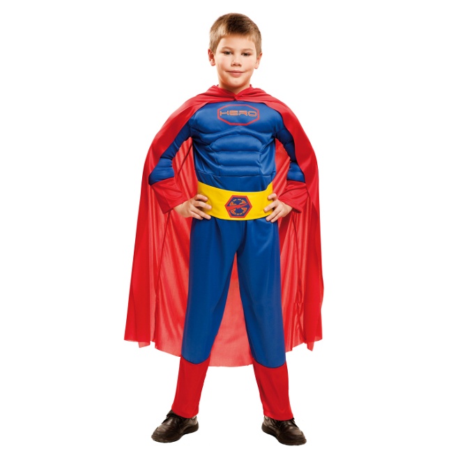 Disfraz de superhéroe musculoso con capa para niño