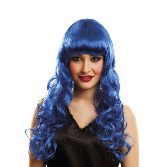 Peluca melena larga azul con flequillo