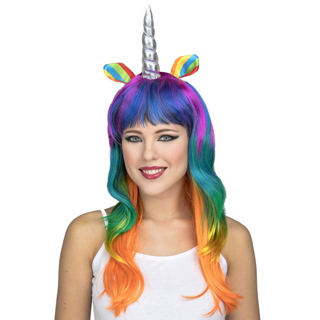 Peluca larga multicolor de Unicornio plateado