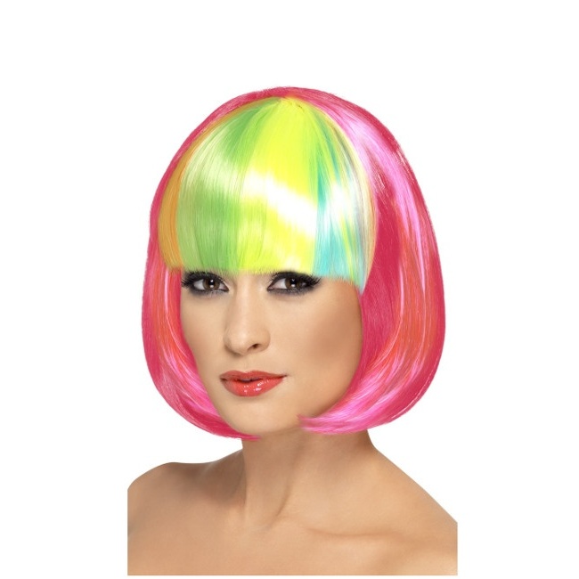 Peluca corta rosa neon con flequillo de colores