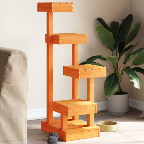 Árbol para gatos madera maciza pino marrón cera 45.5x49x103 cm