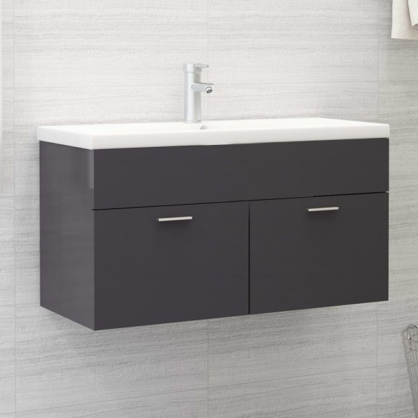 Armario para lavabo contrachapada gris brillo 90x38.5x46 cm