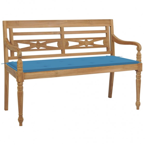 Banco Batavia madera maciza de teca con cojín azul 120 cm