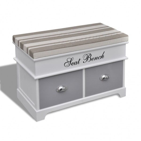 Banco baúl de madera y cojin gris. con cajones