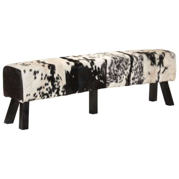 Banco de cuero de cabra auténtico negro y blanco 160x28x50 cm