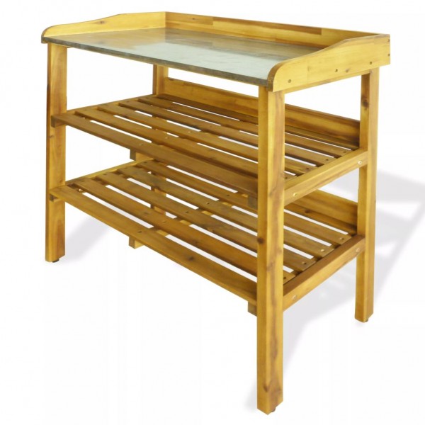 Banco para macetas con 2 estantes madera maciza de acacia+zinc