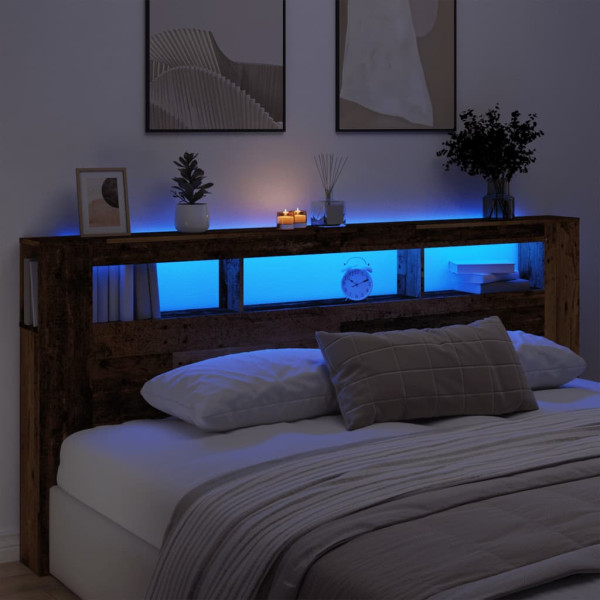 Cabecero con LED madera ingeniería envejecida 220x18.5x103.5 cm