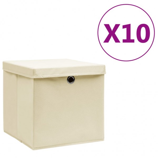 Cajas de almacenaje con tapas 10 uds crema 28x28x28 cm
