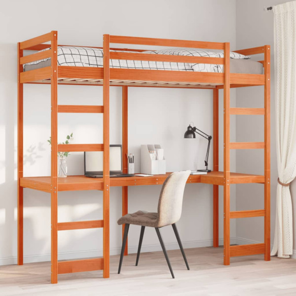 Cama alta con escritorio madera maciza pino marrón 90x200 cm