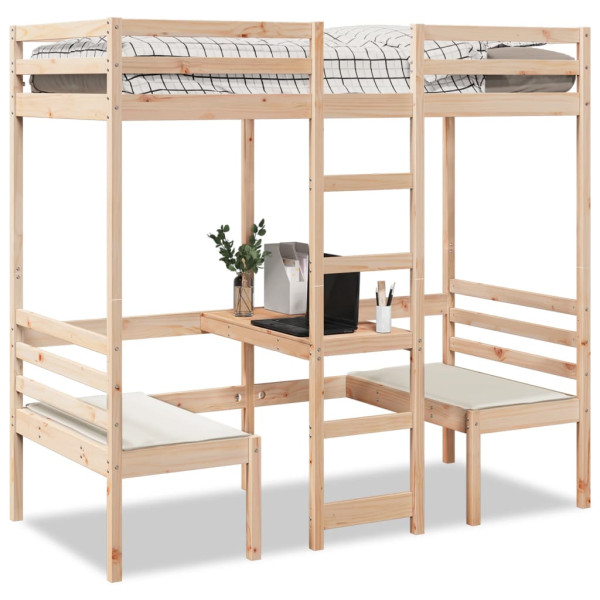 Cama alta con escritorio y asientos madera maciza 90x190 cm