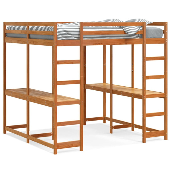 Cama alta con escritorio y escalera madera marrón 140x200 cm