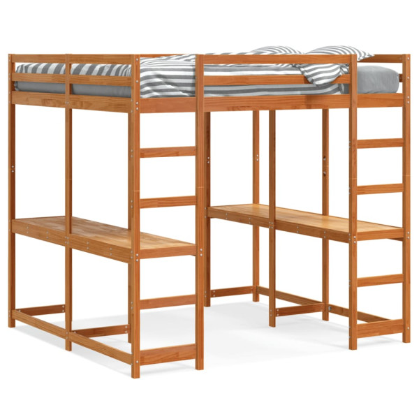 Cama alta con escritorio y escalera madera marrón 160x200 cm