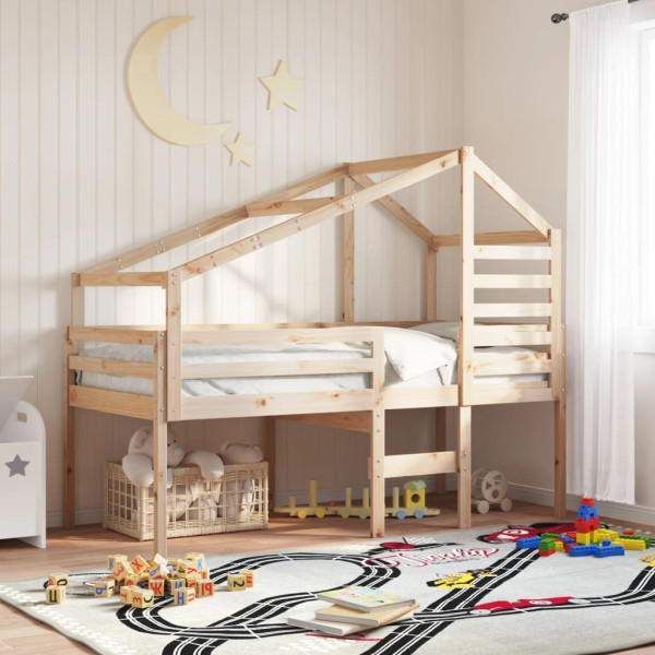 Cama alta con techo madera maciza de pino 90x190 cm