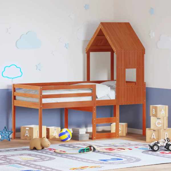 Cama alta con techo madera maciza de pino marrón cera 80x200 cm