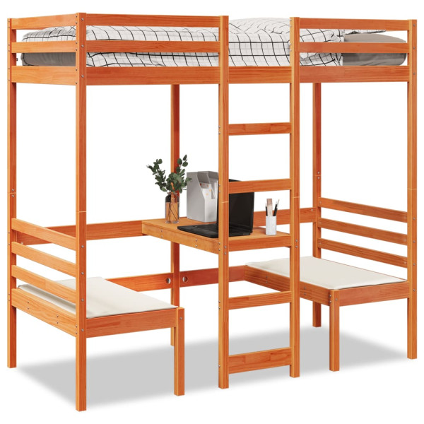 Cama alta escritorio y asientos madera maciza marrón 90x190 cm