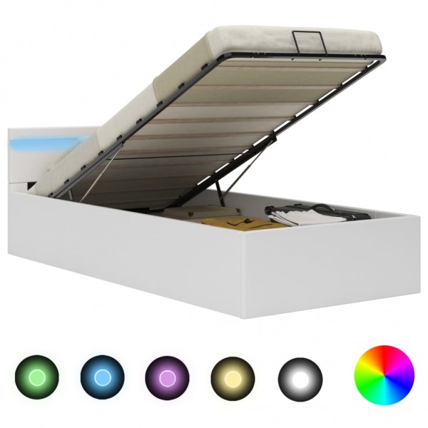 Cama canapé hidráulica con LED cuero sintético blanco 100x200cm