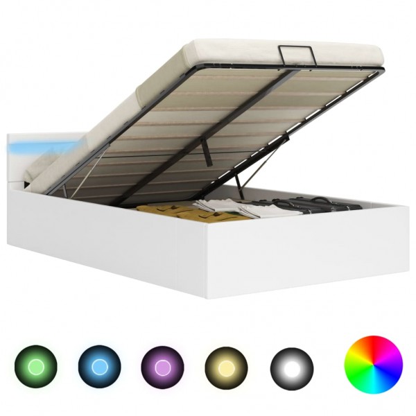 Cama canapé hidráulica con LED cuero sintético blanco 160x200cm