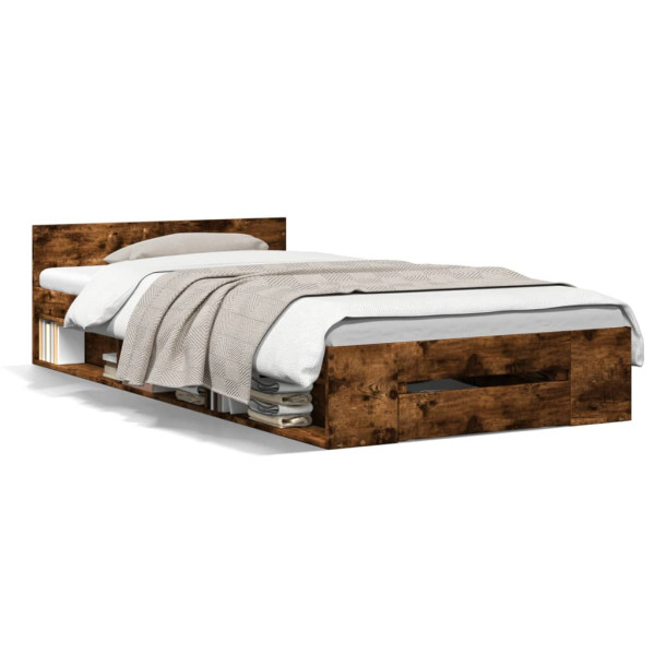 Cama con cajón madera de ingeniería roble ahumado 100x200 cm