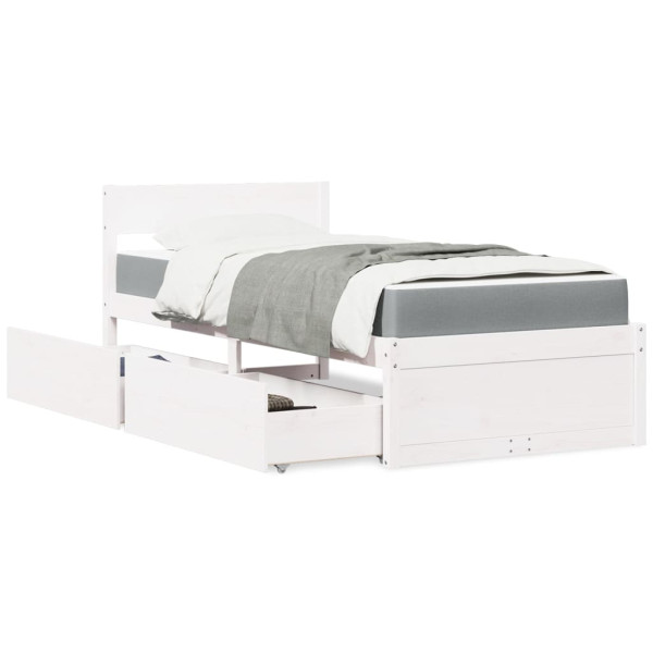 Cama con cajones y colchón madera maciza pino blanco 90x200 cm