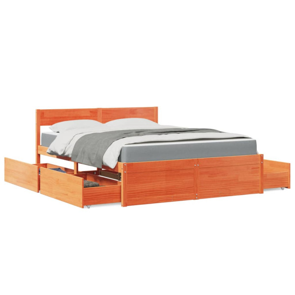 Cama con cajones y colchón madera maciza pino marrón 140x200 cm