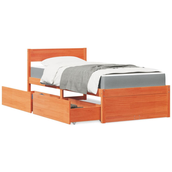 Cama con cajones y colchón madera maciza pino marrón 90x200 cm