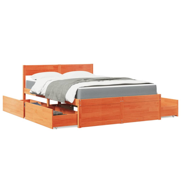Cama con cajones y colchón madera pino marrón cera 140x190 cm