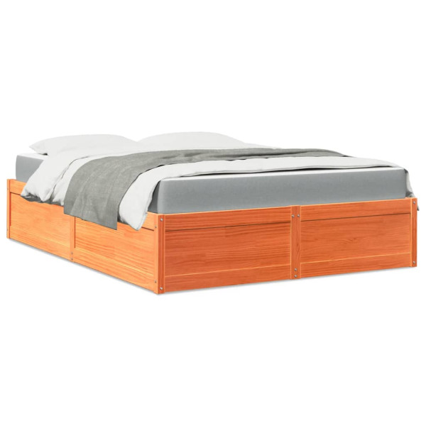 Cama con colchón madera maciza de pino marrón cera 140x200 cm
