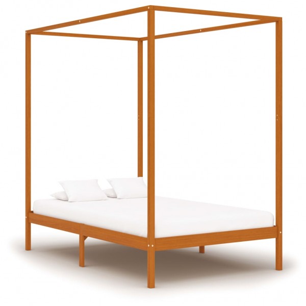Cama con dosel de madera maciza de pino marrón miel 120x200 cm
