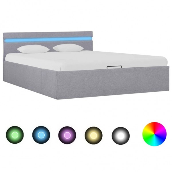 Cama hidráulica con almacenaje y LED tela gris claro 140x200cm