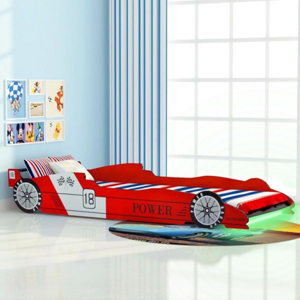 Cama infantil con forma de coche carreras y LED 90x200 cm roja