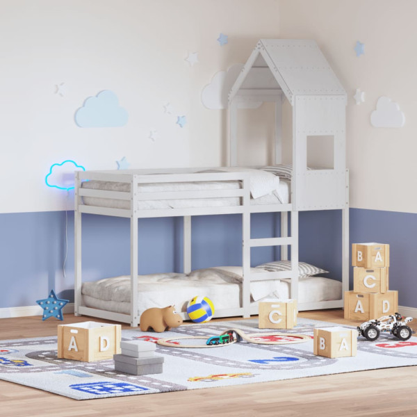 Cama litera con techo madera maciza de pino blanco 90x190 cm