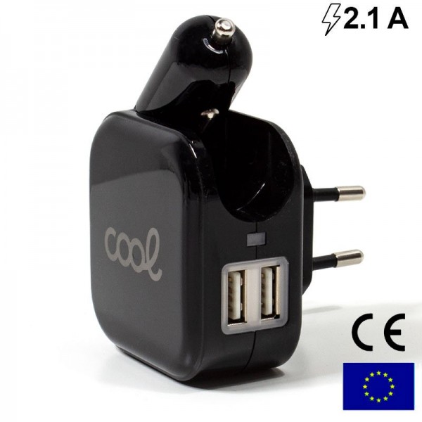 Cargador Universal Entrada 2 x USB + Cargador de Coche (2.1 Amp) COOL