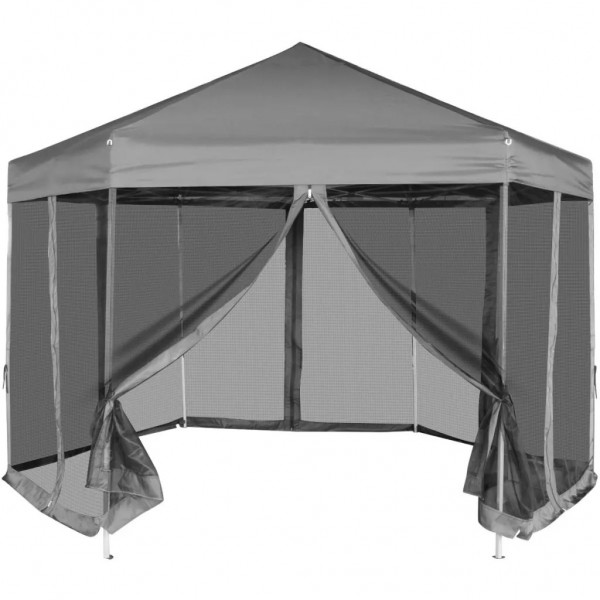 Carpa desplegable hexagonal 6 paredes laterales gris 3.6x3.1 m