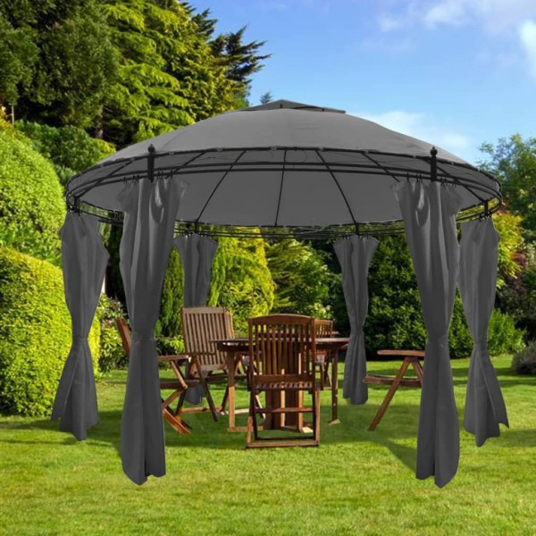Cenador con cortinas redondo gris antracita 3.5x2.7 m