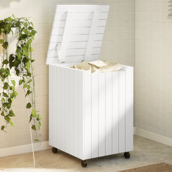 Cesta ropa sucia con ruedas RANA madera pino blanca 45x45x64 cm