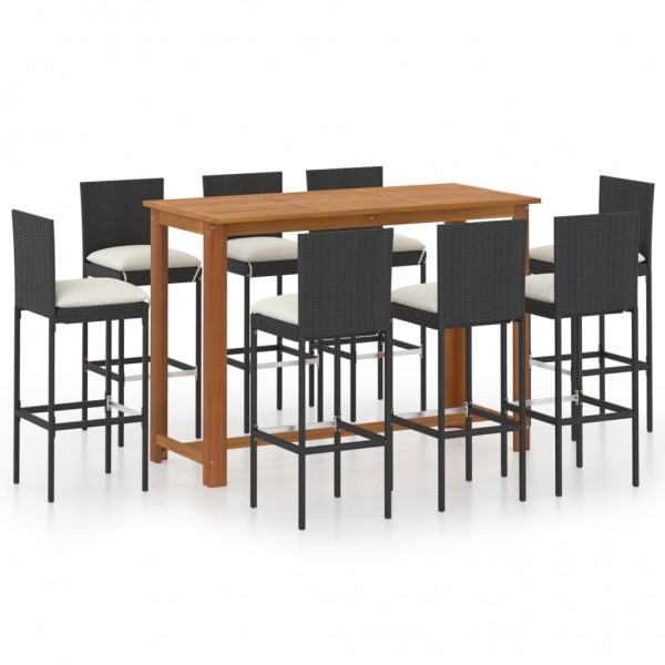 Conjunto de bar para jardín 9 piezas con cojines negro