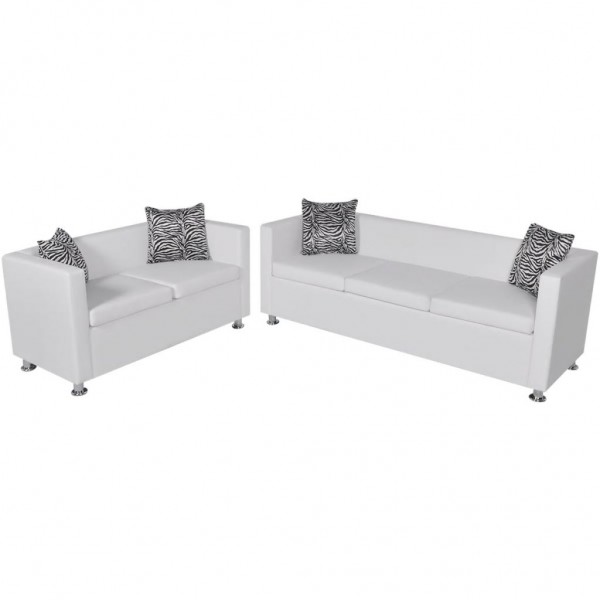Conjunto de sofás de 2 y 3 plazas y sillón de cuero artificial blanco