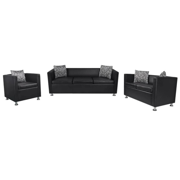 Conjunto de sofás de 2 y 3 plazas y sillón de cuero artificial negro