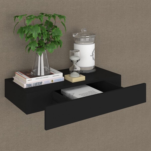 Estante de pared flotante con cajón negro 48x25x8 cm