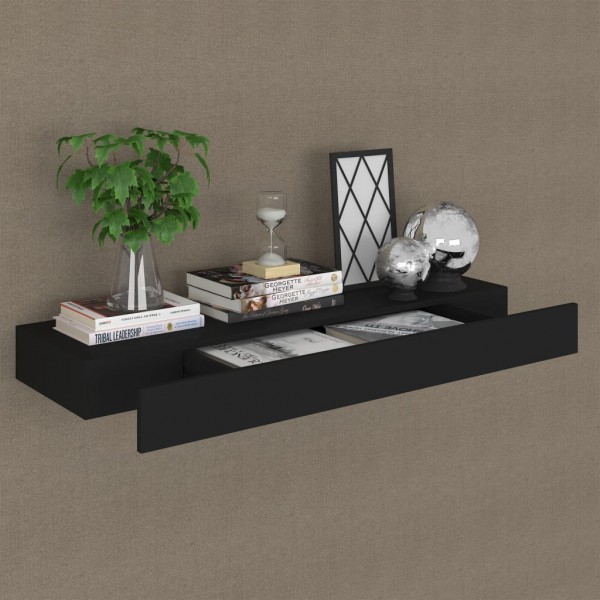 Estante de pared flotante con cajón negro 80x25x8 cm