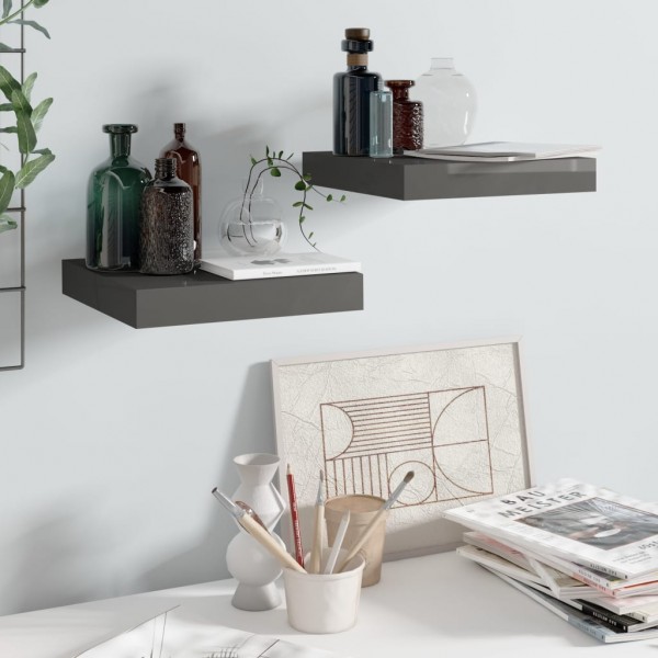 Estante flotante de pared 2 uds MDF gris brillo 23x23.5x3.8 cm