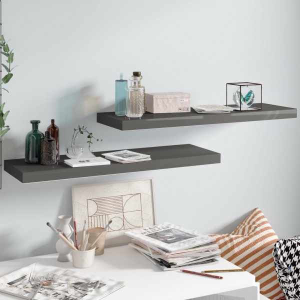 Estante flotante de pared 2 uds MDF gris brillo 80x23.5x3.8 cm