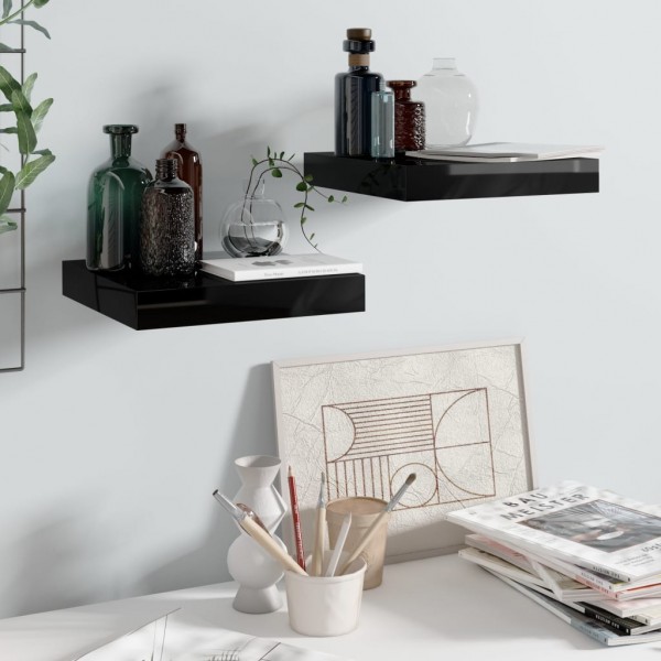 Estante flotante de pared 2 uds MDF negro brillo 23x23.5x3.8cm