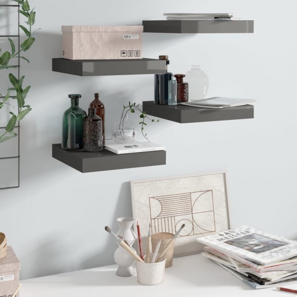 Estante flotante de pared 4 uds MDF gris brillo 23x23.5x3.8 cm