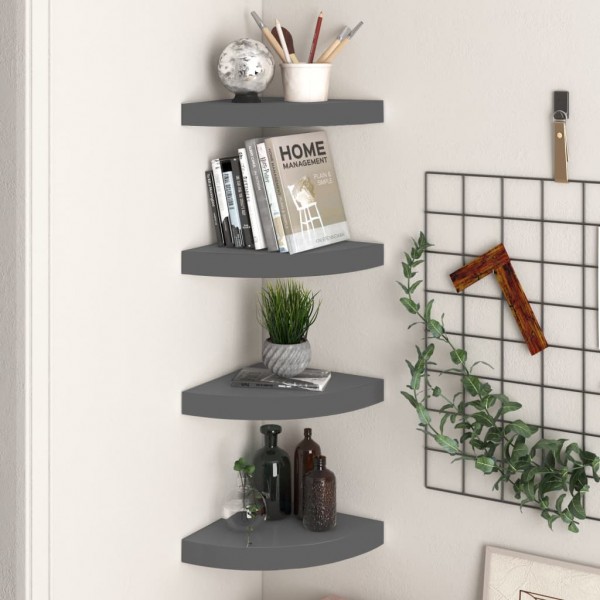 Estante flotante de pared 4 uds MDF gris brillo 25x25x3.8 cm