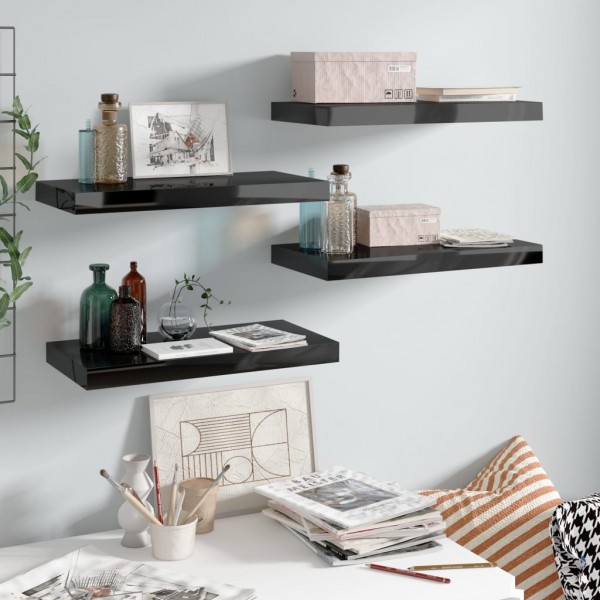 Estante flotante de pared 4 uds MDF negro brillo 50x23x3.8 cm